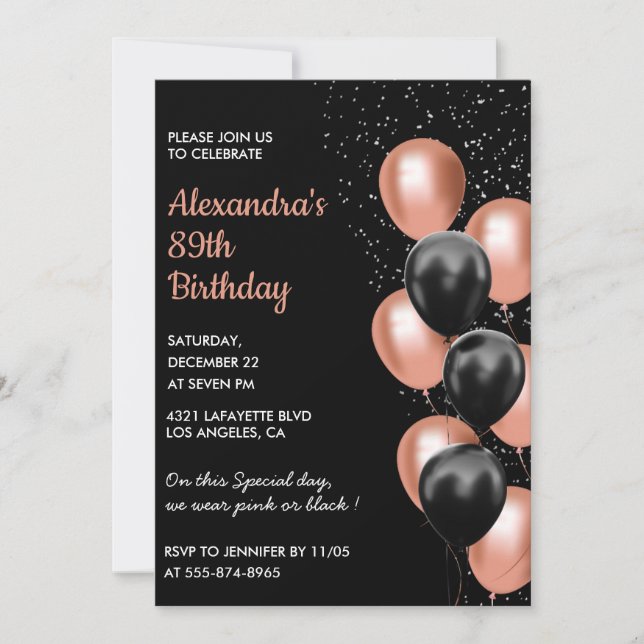 Chic Black Rose gold Balloons 89th birthday Invitation (Front)