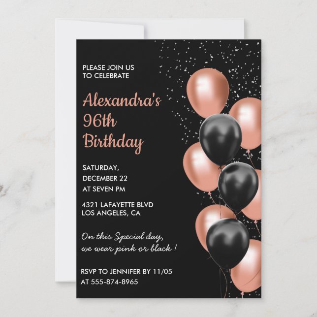 Chic Black Rose gold Balloons 96th birthday Invitation (Front)