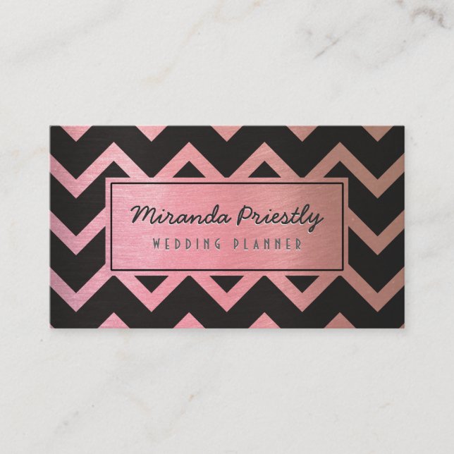 Chic Black Rose Gold Chevron Wave Stripes Pattern Business Card (Front)