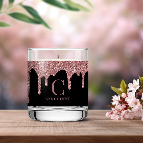 Chic Black Rose Gold Dripping Glitter Monogram Scented Candle