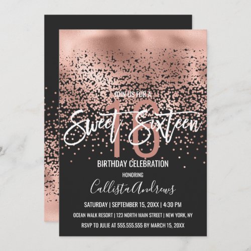 Chic Black Rose Gold Foil Confetti Ombre Sweet 16 Invitation