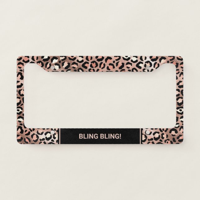 Chic Black Rose Gold Foil Leopard Personalized License Plate Frame (Front)