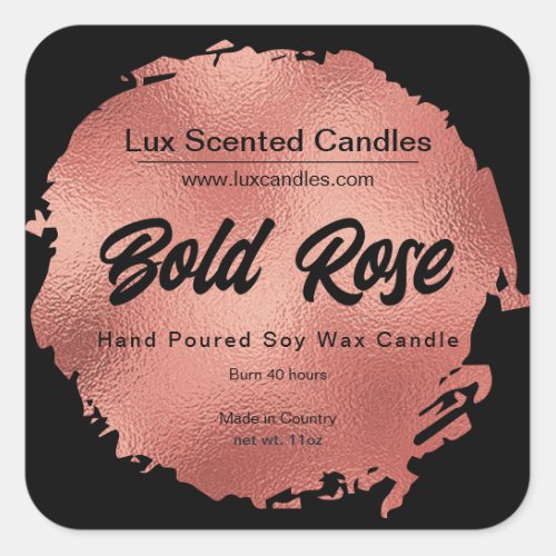 Chic Black Rose Gold Foil Modern Luxury Candle  Square Sticker