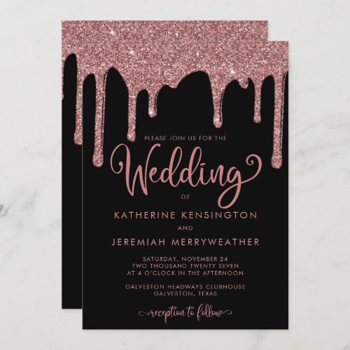 Chic Black Rose Gold Glam Glitter Wedding Invitation