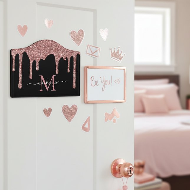 Chic Black Rose Gold Glitter Drips Monogram Door Sign (Creator Uploaded)
