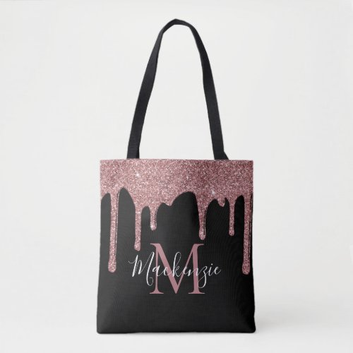 Chic Black Rose Gold Glitter Drips Monogram Tote Bag