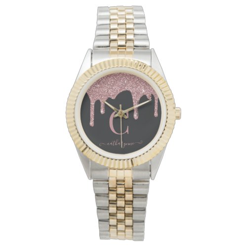 Chic Black Rose Gold Glitter Drips Monogram Watch