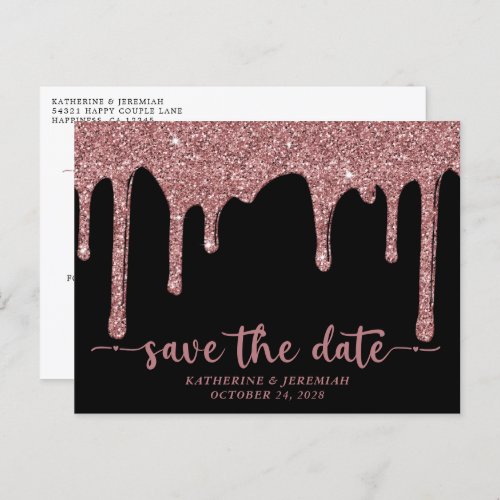 Chic Black Rose Gold Glitter Drips Save The Date Announcement Postcard