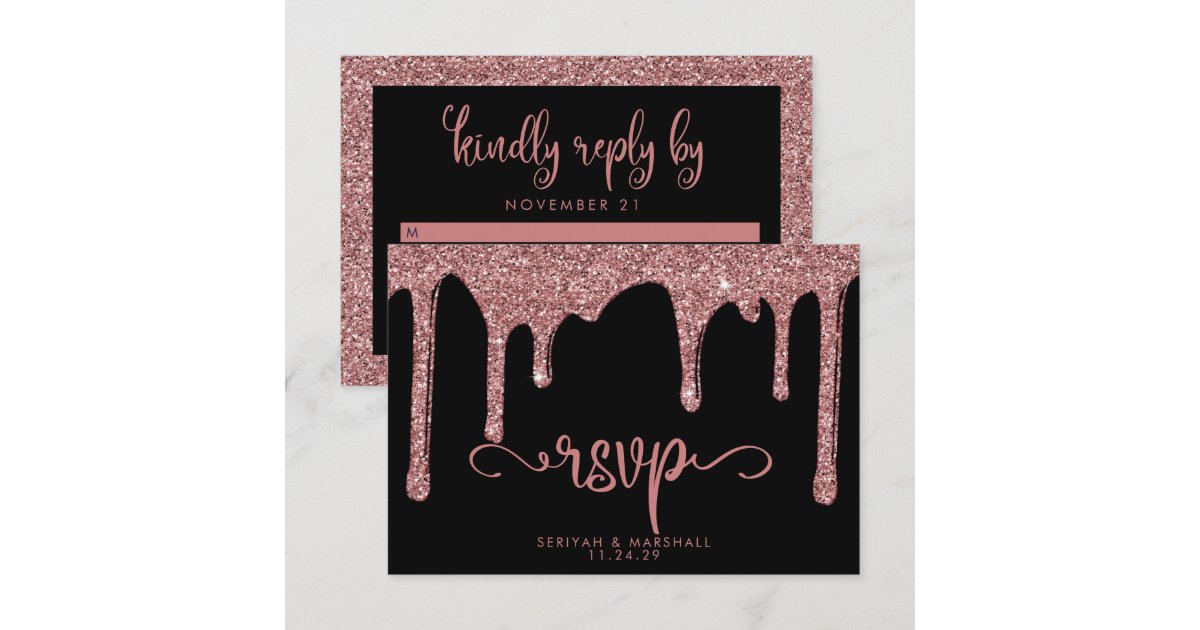 Chic Black Rose Gold Glitter Sparkle Wedding RSVP Card | Zazzle