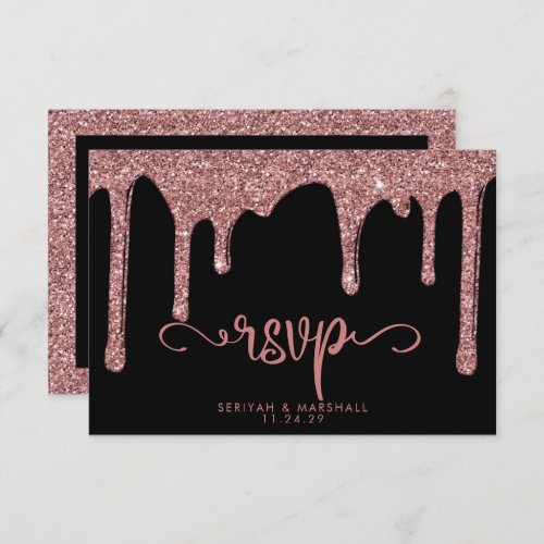 Chic Black Rose Gold Glitter Sparkle Wedding RSVP Card