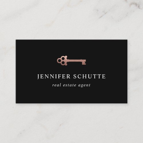 Chic Black  Rose Gold Key Luxury Real Estate Business Card