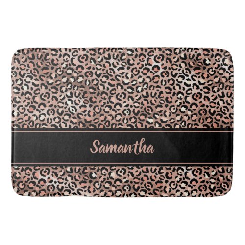 Chic Black Rose Gold Leopard Print Personalized Bath Mat