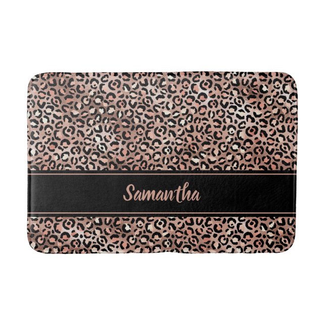 Chic Black Rose Gold Leopard Print Personalized Bath Mat (Front)