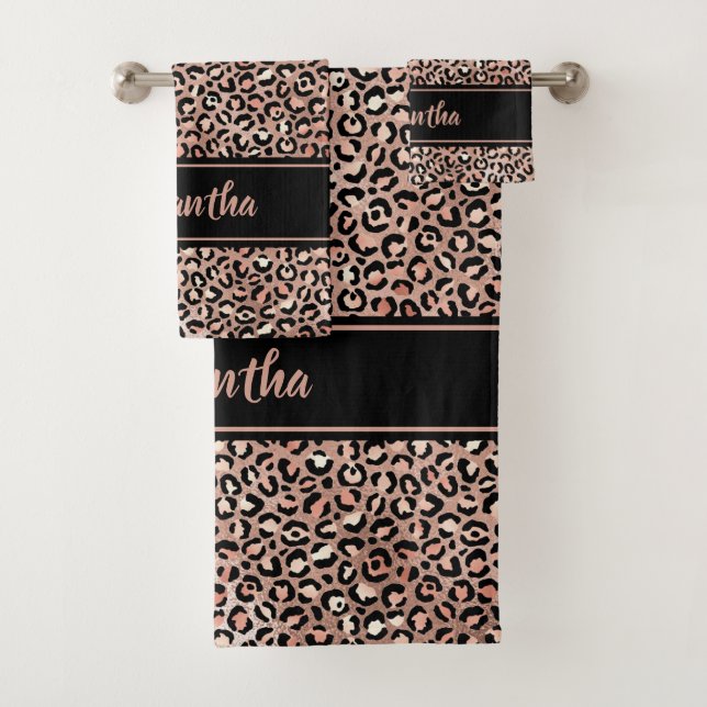 Chic Black Rose Gold Leopard Print Personalized Bath Towel Set (Insitu)