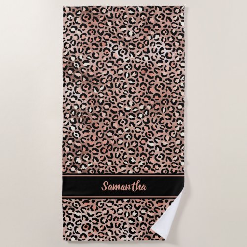 Chic Black Rose Gold Leopard Print Personalized Beach Towel