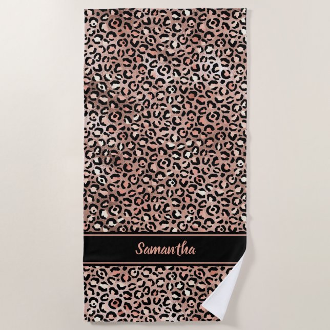 Chic Black Rose Gold Leopard Print Personalized Beach Towel (Front)