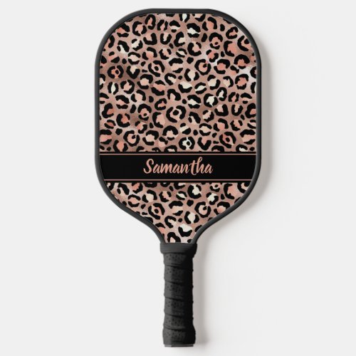 Chic Black Rose Gold Leopard Print Personalized Pickleball Paddle