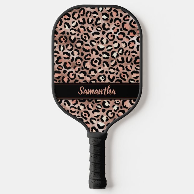 Chic Black Rose Gold Leopard Print Personalized Pickleball Paddle (Front)