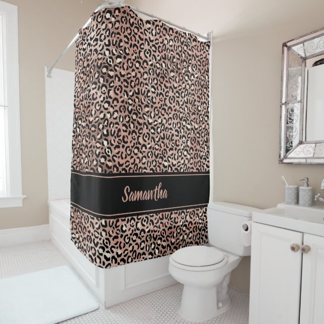 Chic Black Rose Gold Leopard Print Personalized Shower Curtain (In Situ)