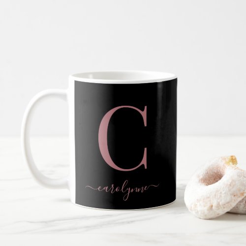 Chic Black Rose Gold Monogram Elegant Script Coffee Mug