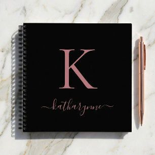 Chic Black Rose Gold Pink Monogram Name Notebook