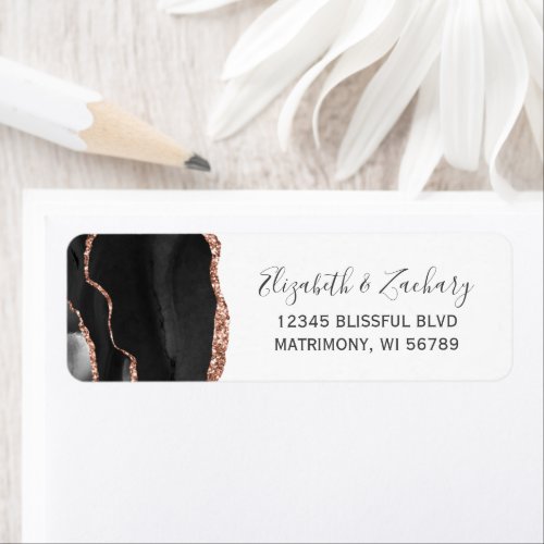 Chic Black Rose Gold Wedding Return Address Label