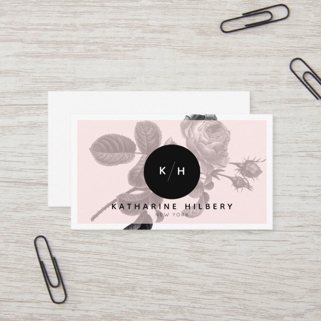 Chic Black Rose & Monogram Pink Business Card (Front/Back In Situ)