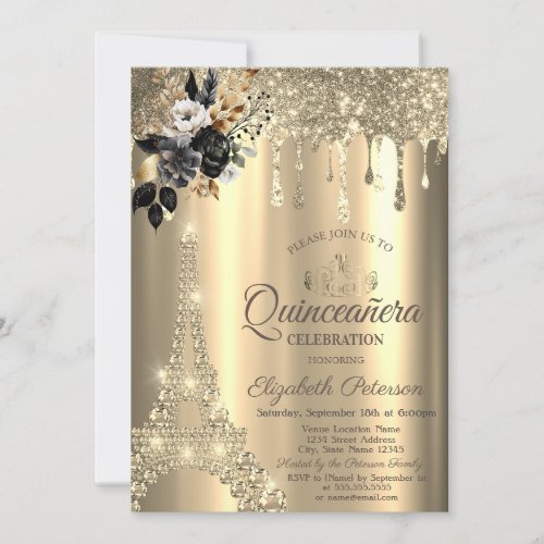 Chic Black Roses Eiffel Tower Gold Drips Invitation