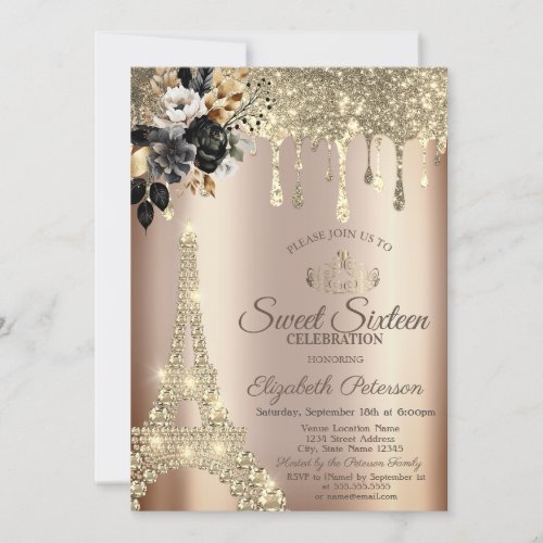 Chic Black Roses Eiffel Tower Gold Drips Sweet 16 Invitation