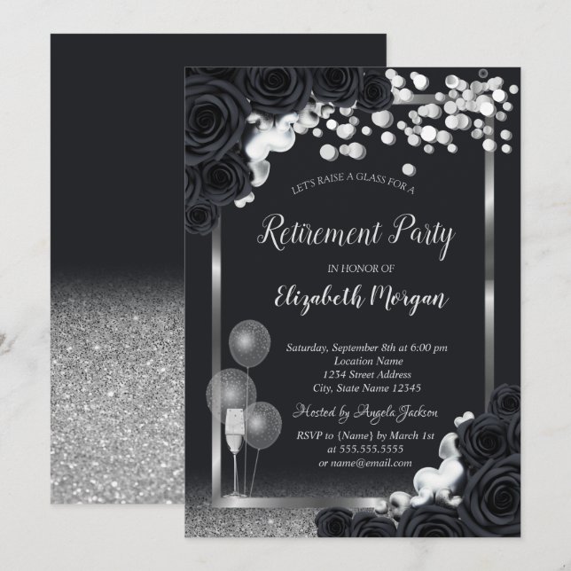 Chic Black Roses Wine Glass Balloons Retirement    Invitation (Front/Back)