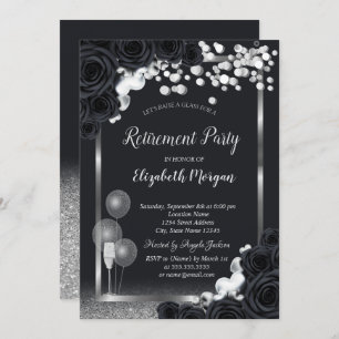 Chic Black Roses Wine Glass Balloons Retirement Invitation
