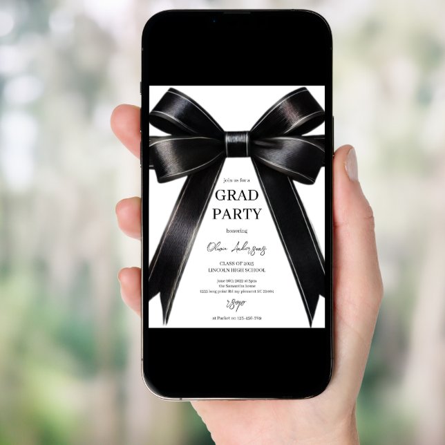 Chic Black Satin Bow Graduation Party Invitation (Front Digital)