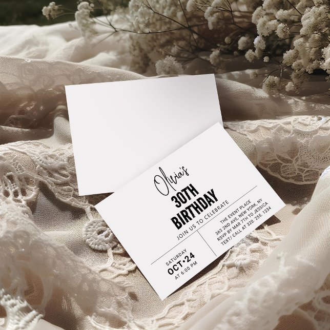 Chic Black Script 30th Birthday Elegant & Modern Invitation (Creator Uploaded)