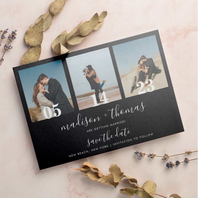 Chic Black Script 3 Photo Wedding Save The Date Magnetic Invitation (Creator Uploaded)