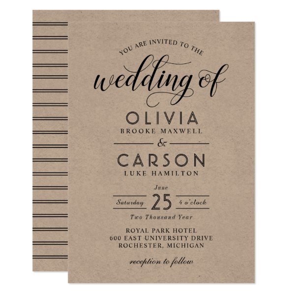 256712207442596106 Chic Black Script and Stripes | Kraft Wedding Invitation