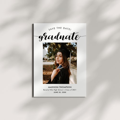 Chic Black Script Calligraphy Graduation Photo Save The Date