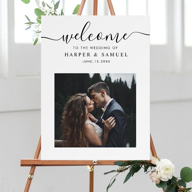 Chic Black Script Photo Wedding Welcome Foam Board (Creator Uploaded)