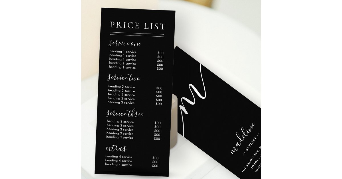 Chic Black Script Typography Services Price List Rack Card | Zazzle
