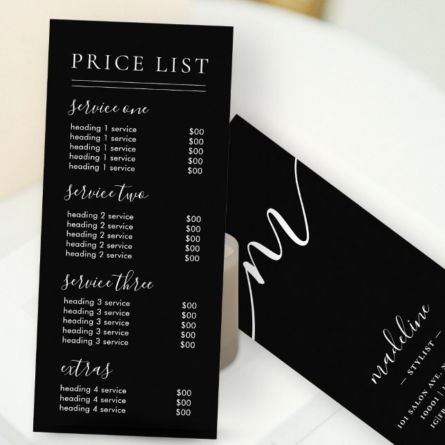 Chic Black Script Typography Services Price List Rack Card (Creator Uploaded)