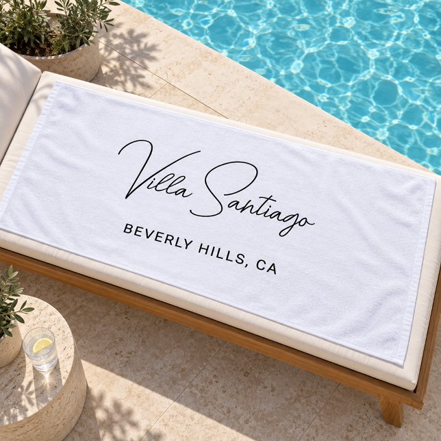 Chic Black Script Villa Home Monogram Name Beach Towel (Creator Uploaded)
