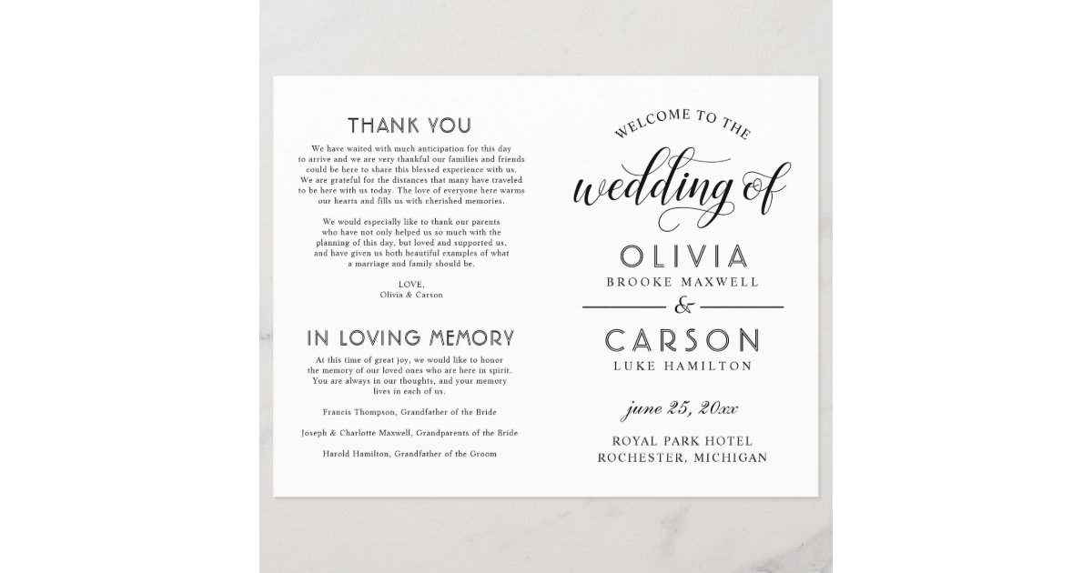 Chic Black Script Wedding Ceremony Program White Zazzle Com