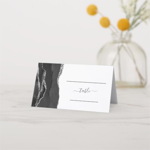 Chic Black Silver Agate Wedding Place Card