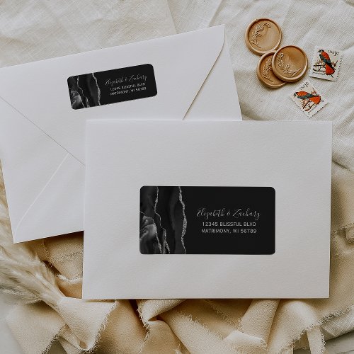 Chic Black Silver Agate Wedding Return Address Label