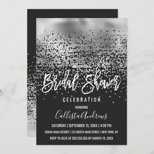 Chic Black Silver Confetti Ombre Bridal Shower Invitation