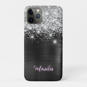 Chic Black Silver Foil Faux Glitter Lilac Monogram iPhone 11 Pro Case