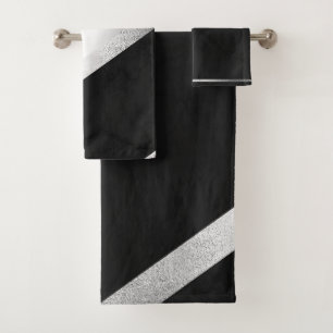 Chic Black & Silver Glitter Bath Towel Set