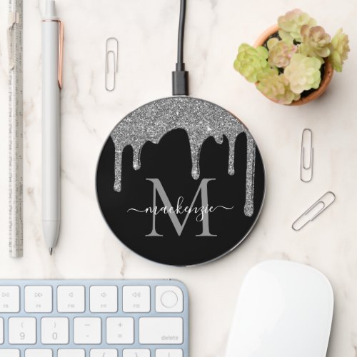 Chic Black Silver Glitter Drips Sparkle Monogram Wireless Charger