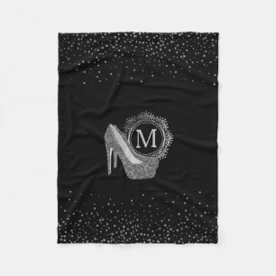 Chic Black Silver Glitter High Heel Shoes Monogram Fleece Blanket