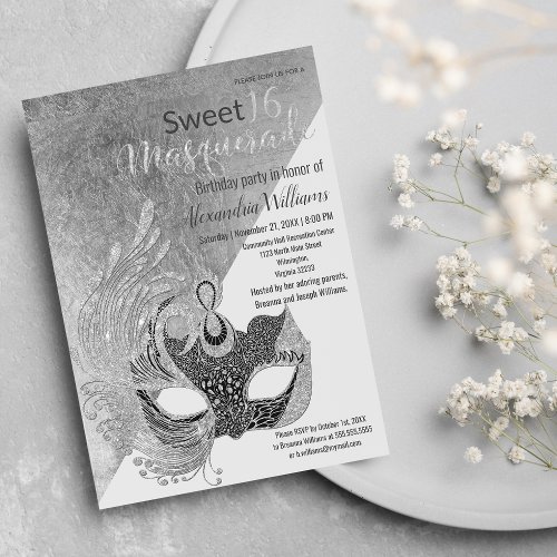 Chic Black Silver Glitter Masquerade Glam Sweet 16 Invitation