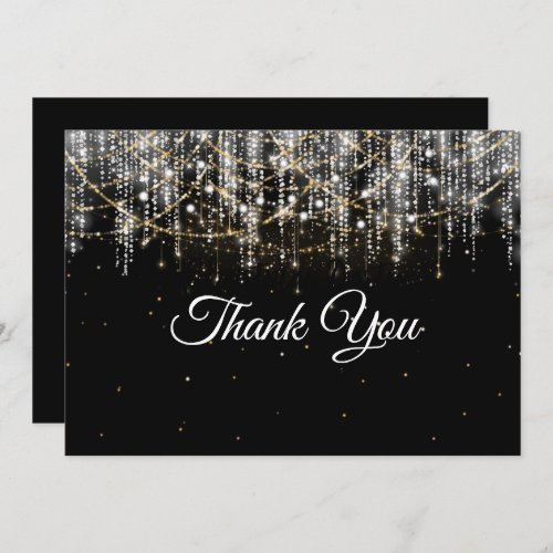 Chic black silver gold holiday lights thank you card
